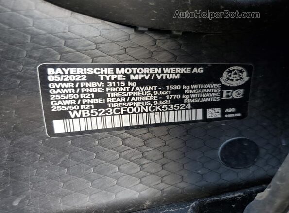 WB523CF00NCK53524 2022 BMW IX Gray VIN sticker view