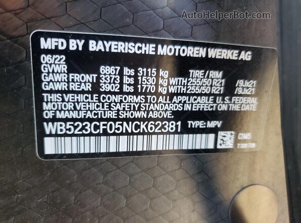 WB523CF05NCK62381 2022 BMW IX Blue VIN კოდის სტიკერის ხედი