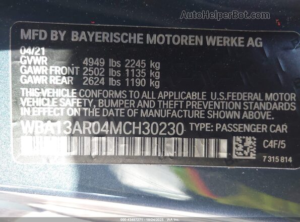 WBA13AR04MCH30230 2021 BMW M4 Blue Engine compartment view