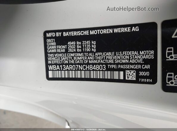 WBA13AR07NCH84803 2022 BMW M4 White Շարժիչի բաժամունքի տեսք