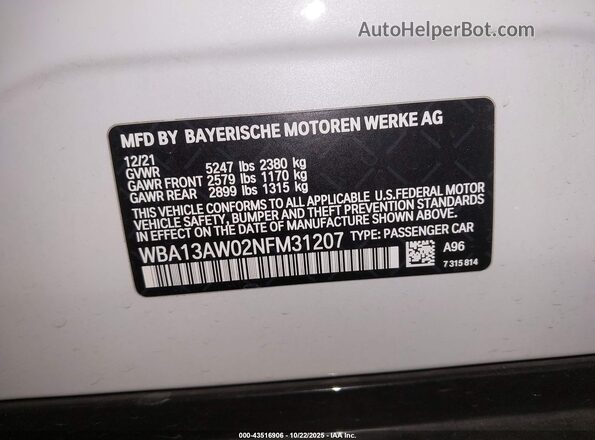 WBA13AW02NFM31207 2022 BMW OTHER White Vista del compartimento del motor