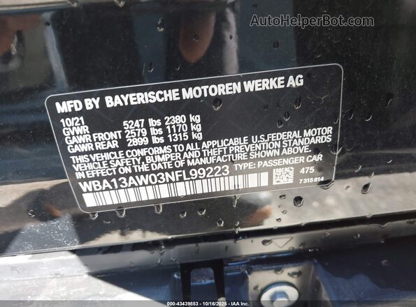 WBA13AW03NFL99223 2022 BMW OTHER Black Вид підкапотного простору