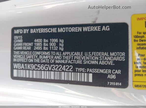 WBA1K9C56GV322422 2016 BMW 2 SERIES Белый Вид подкапотного пространства