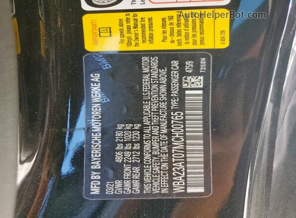 WBA23AT07MCH00765 2021 BMW 4 SERIES Black VIN კოდის სტიკერის ხედი