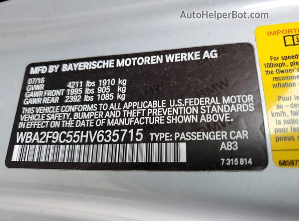 WBA2F9C55HV635715 2017 BMW 2 SERIES Silver Vista del compartimento del motor