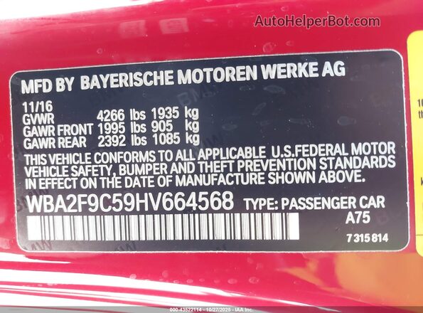 WBA2F9C59HV664568 2017 BMW 2 SERIES Red Engine compartment view