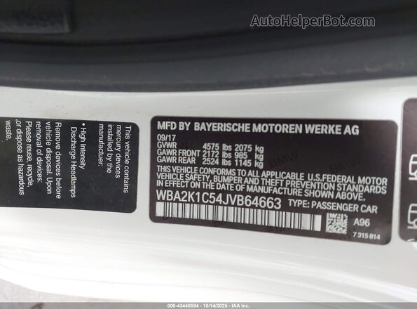 WBA2K1C54JVB64663 2018 BMW 2 SERIES White Вид підкапотного простору