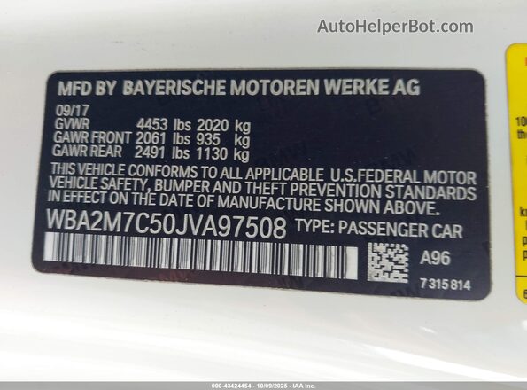 WBA2M7C50JVA97508 2018 BMW 2 SERIES White ძრავის განყოფილების ხედი