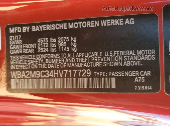 WBA2M9C34HV717729 2017 BMW 2 SERIES Red ძრავის განყოფილების ხედი