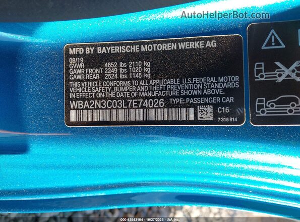 WBA2N3C03L7E74026 2020 BMW 2 SERIES Blue Widok komory silnika
