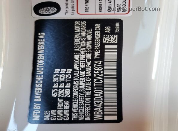 WBA43DA01TCV25874 2026 BMW 4 SERIES White VIN კოდის სტიკერის ხედი