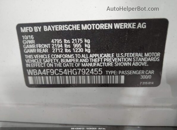 WBA4F9C54HG792455 2017 BMW 4 SERIES White ძრავის განყოფილების ხედი