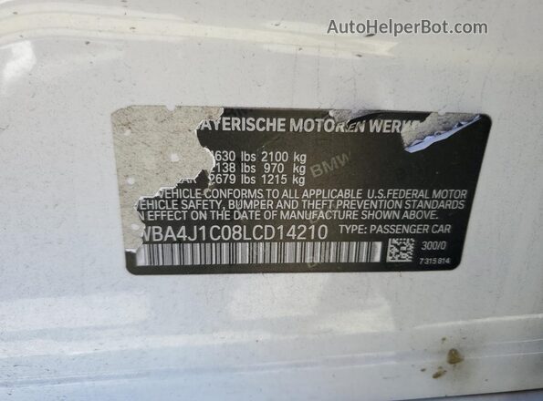 WBA4J1C08LCD14210 2020 BMW 4 SERIES White VIN sticker view