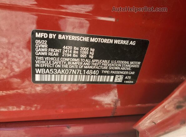 WBA53AK07N7L14840 2022 BMW 2 SERIES Red Շարժիչի բաժամունքի տեսք
