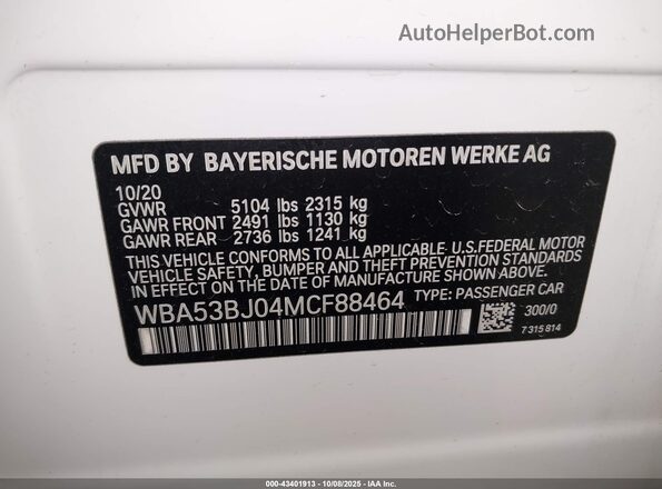 WBA53BJ04MCF88464 2021 BMW 5 SERIES White Вид підкапотного простору