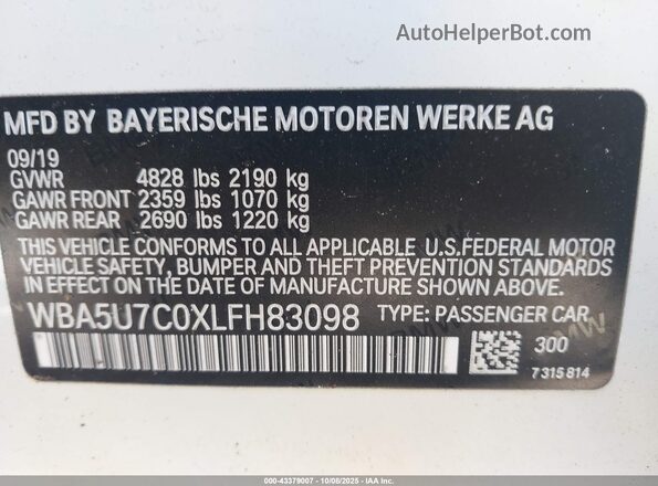 WBA5U7C0XLFH83098 2020 BMW 3 SERIES White Widok komory silnika