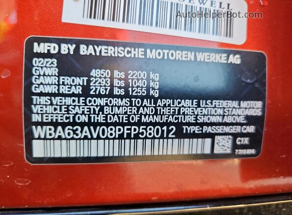 WBA63AV08PFP58012 2023 BMW 4 SERIES Orange ძრავის განყოფილების ხედი