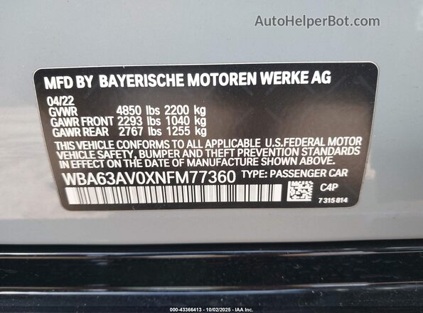 WBA63AV0XNFM77360 2022 BMW 4 SERIES Light Blue Շարժիչի բաժամունքի տեսք