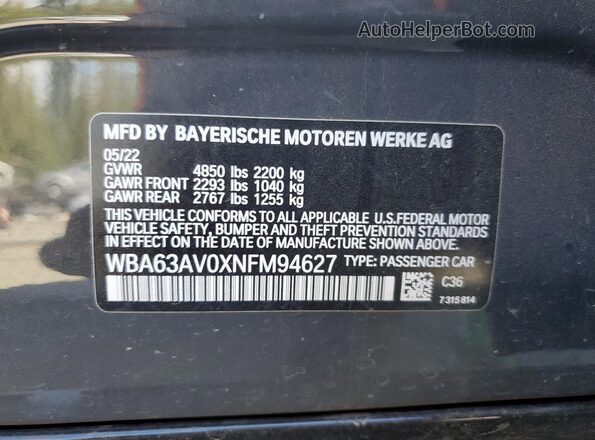 WBA63AV0XNFM94627 2022 BMW 4 SERIES Gray VIN sticker view