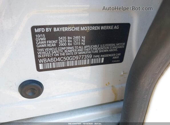WBA6D4C50GD977359 2016 BMW 6 SERIES White ძრავის განყოფილების ხედი