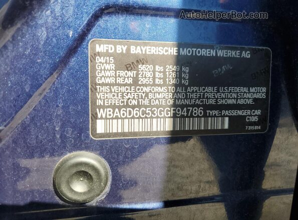 WBA6D6C53GGF94786 2016 BMW 6 SERIES Blue ძრავის განყოფილების ხედი