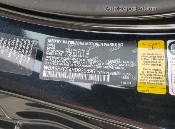 WBA6F7C54HD930896 2017 BMW 6 SERIES Black ძრავის განყოფილების ხედი