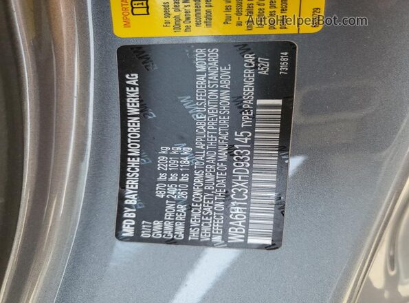 WBA6H1C3XHD933145 2017 BMW 6 SERIES Gray VIN კოდის სტიკერის ხედი