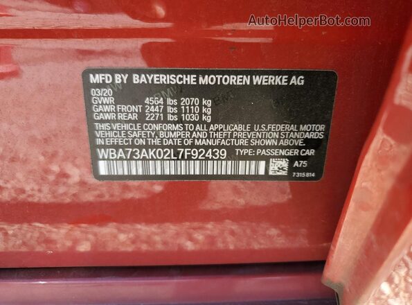 WBA73AK02L7F92439 2020 BMW 2 SERIES Red VIN sticker view