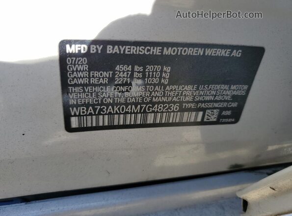 WBA73AK04M7G48236 2021 BMW 2 SERIES White VIN sticker view