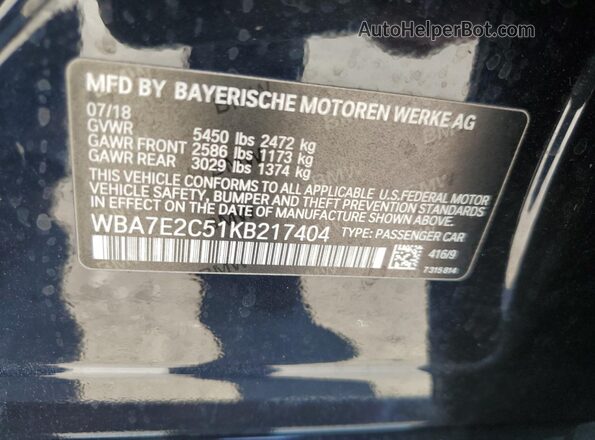 WBA7E2C51KB217404 2019 BMW 7 SERIES Black Widok komory silnika