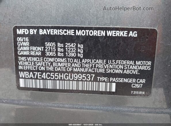 WBA7E4C55HGU99537 2017 BMW 7 SERIES Gray Vista del compartimento del motor