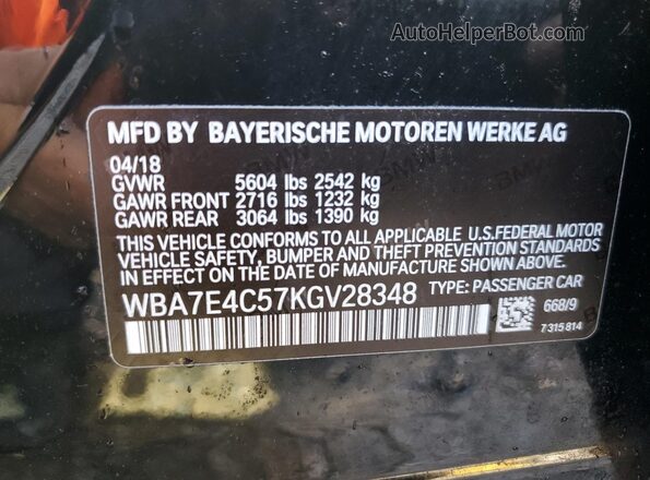 WBA7E4C57KGV28348 2019 BMW 7 SERIES Black Vista de la etiqueta del VIN