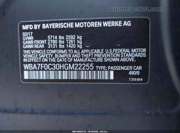 WBA7F0C30HGM22255 2017 BMW 7 SERIES Gray Շարժիչի բաժամունքի տեսք