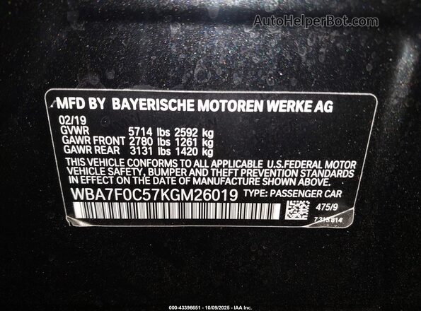 WBA7F0C57KGM26019 2019 BMW 7 SERIES Black Vista del compartimento del motor