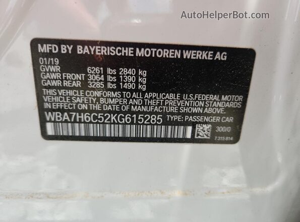 WBA7H6C52KG615285 2019 BMW M6 White 