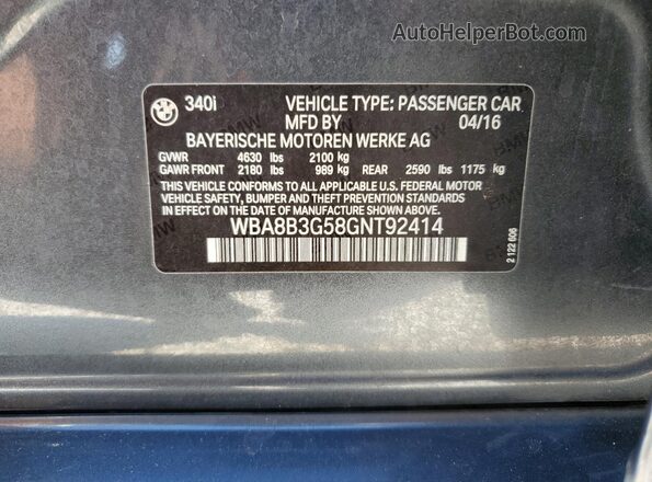 WBA8B3G58GNT92414 2016 BMW 3 SERIES Gray Вид підкапотного простору
