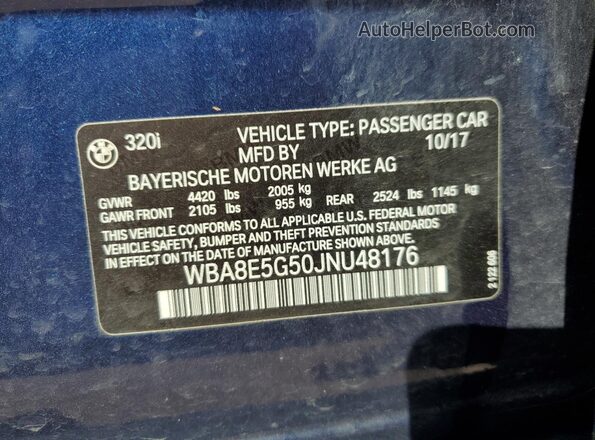 WBA8E5G50JNU48176 2018 BMW 3 SERIES Синий Вид наклейки с VIN-кодом