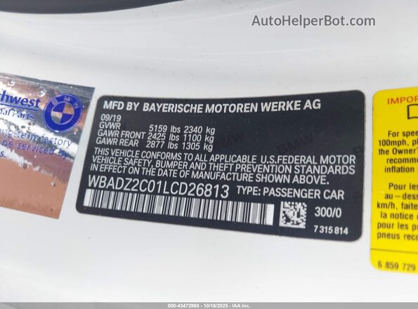 WBADZ2C01LCD26813 2020 BMW 8 SERIES White ძრავის განყოფილების ხედი