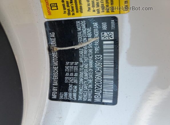 WBADZ2C06NCH09133 2022 BMW 8 SERIES White Widok naklejki z numerem VIN