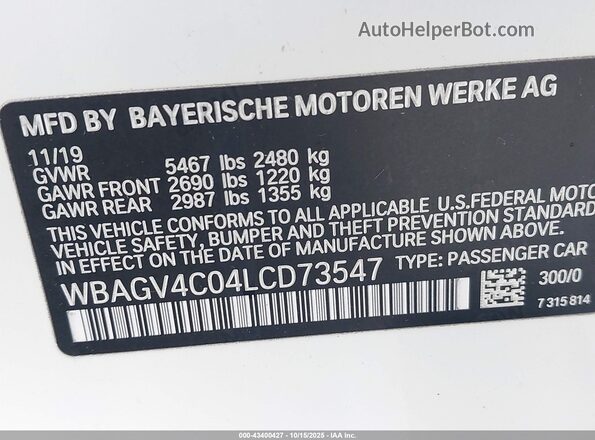 WBAGV4C04LCD73547 2020 BMW 8 SERIES White Вид підкапотного простору