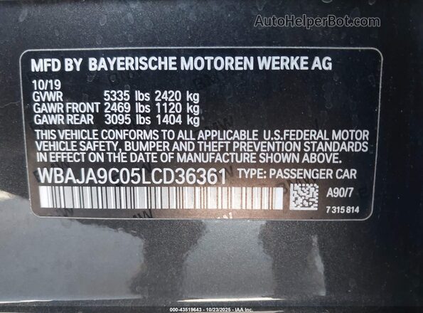 WBAJA9C05LCD36361 2020 BMW 5 SERIES Black Engine compartment view