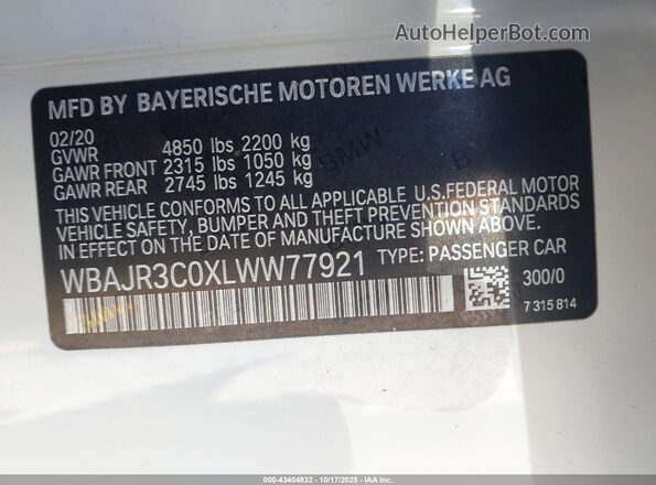 WBAJR3C0XLWW77921 2020 BMW OTHER White 