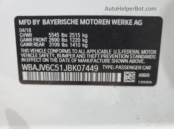 WBAJV6C51JBK07449 2018 BMW 6 SERIES White Engine compartment view