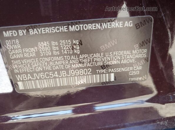 WBAJV6C54JBJ99802 2018 BMW 6 SERIES Burgundy VIN sticker view