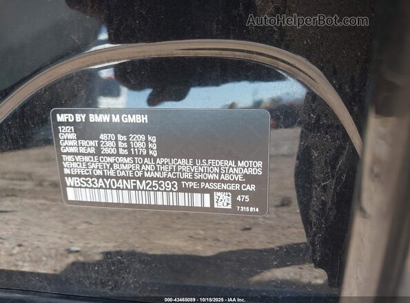 WBS33AY04NFM25393 2022 BMW M3 Black Вид підкапотного простору
