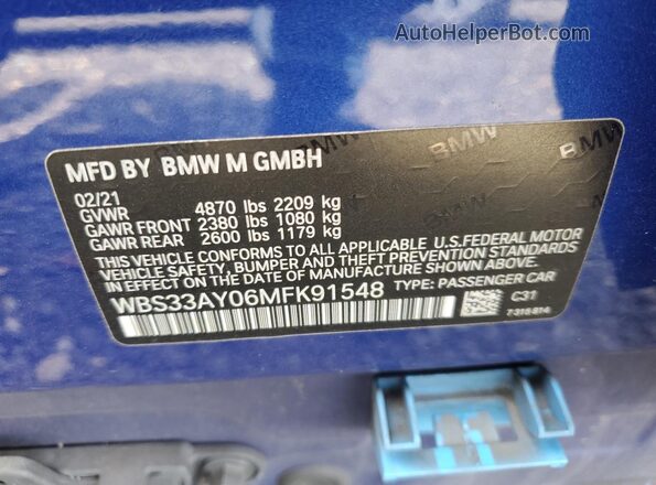 WBS33AY06MFK91548 2021 BMW M3 Синий Вид наклейки с VIN-кодом