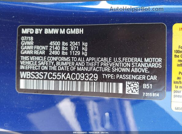 WBS3S7C55KAC09329 2019 BMW M4 Blue Vista del compartimento del motor