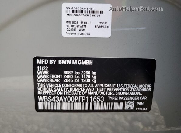 WBS43AY00PFP11653 2023 BMW M3 Gray Widok naklejki z numerem VIN