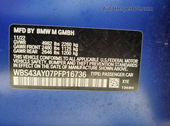 WBS43AY07PFP16736 2023 BMW M3 Blue ძრავის განყოფილების ხედი
