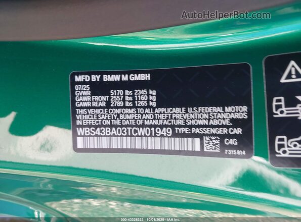 WBS43BA03TCW01949 2026 BMW M4 Green Вид підкапотного простору